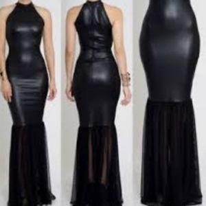 Faux Leatherette Maxi Mesh Hem Dress